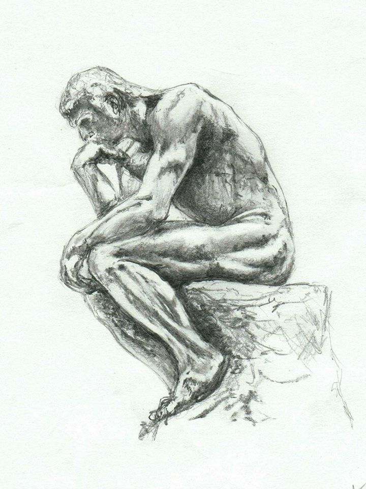 A pencil art drawing of the thinker statue