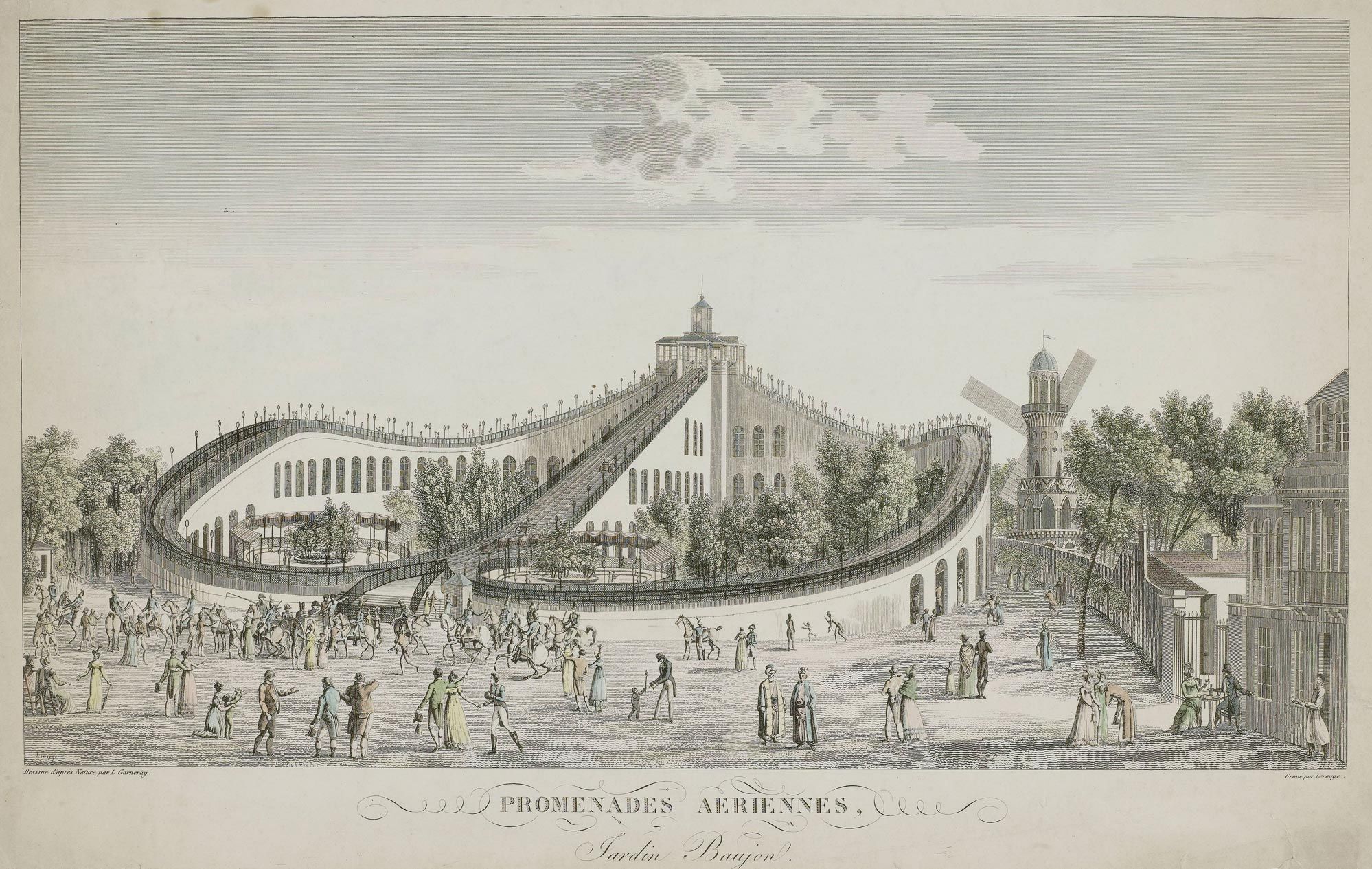 An etching of the Promenades Aeriennes, Jardin Baujon (worlds firstroller coaster at the Folie Beaujon) Paris, circa 1820